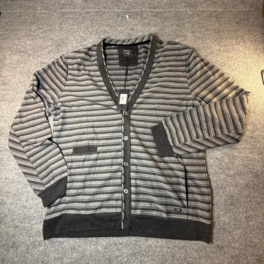 7 Diamonds Legacy Cardigan Sweater Mens XXL Black Grey Striped Button SMJ-4036B